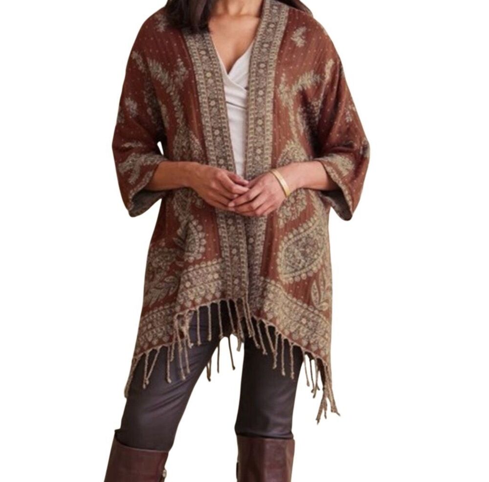 Soft Surroundings versalles jacquard topper Open Front Fringe Kimono Cardigan PL